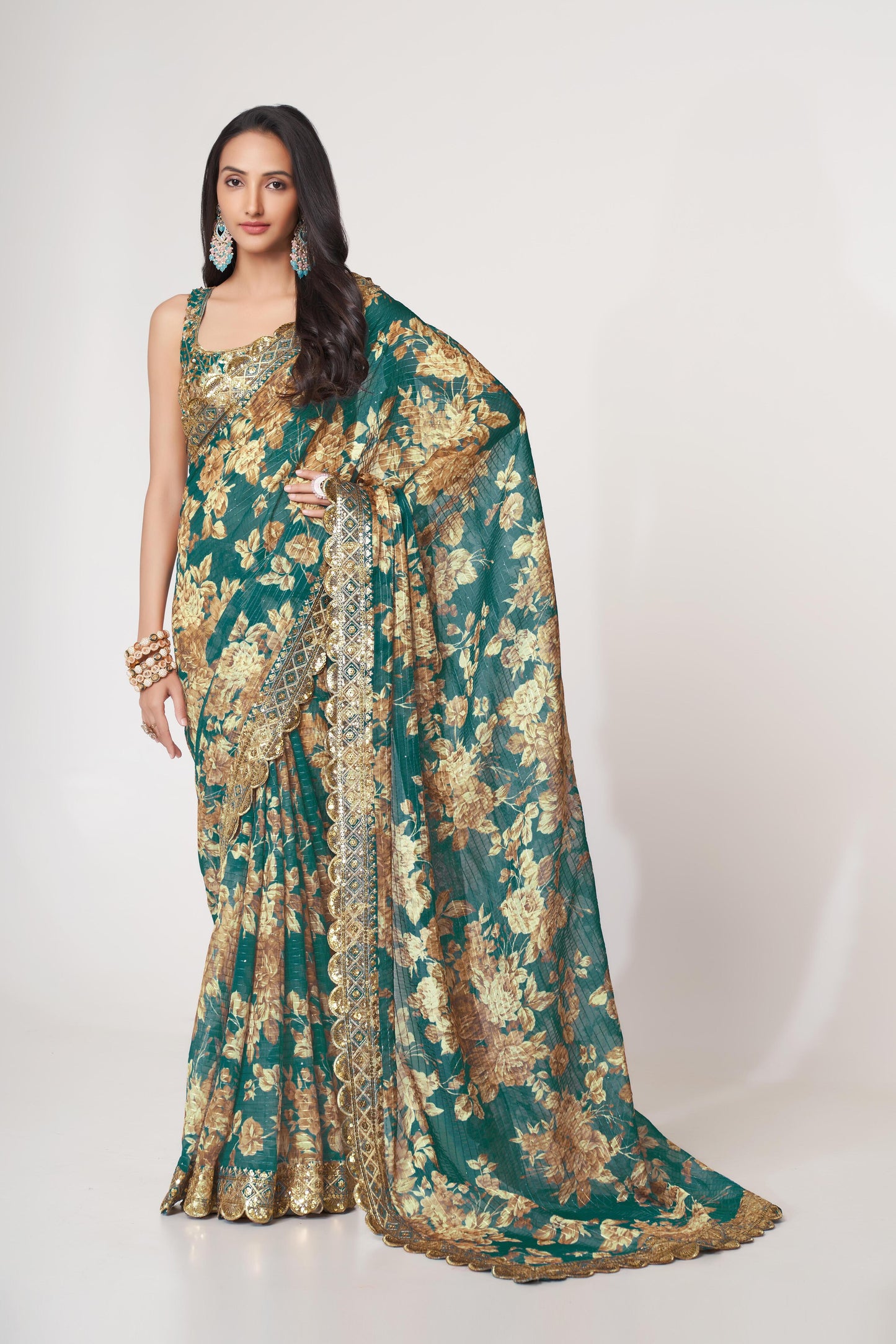 Bewitching Teal Blue Floral Printed Organza Party Wear Saree