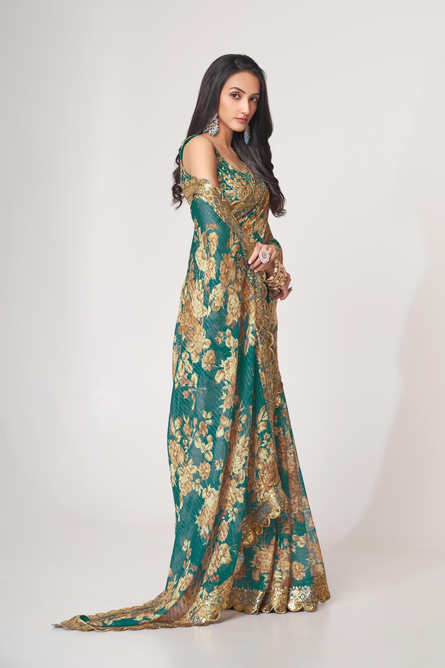 Bewitching Teal Blue Floral Printed Organza Party Wear Saree