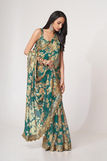 Bewitching Teal Blue Floral Printed Organza Party Wear Saree