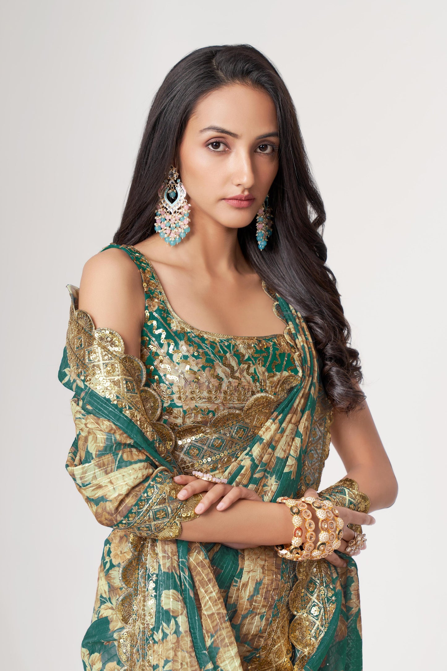 Bewitching Teal Blue Floral Printed Organza Party Wear Saree