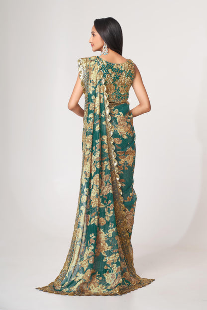 Bewitching Teal Blue Floral Printed Organza Party Wear Saree