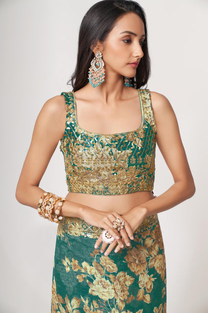 Bewitching Teal Blue Floral Printed Organza Party Wear Saree