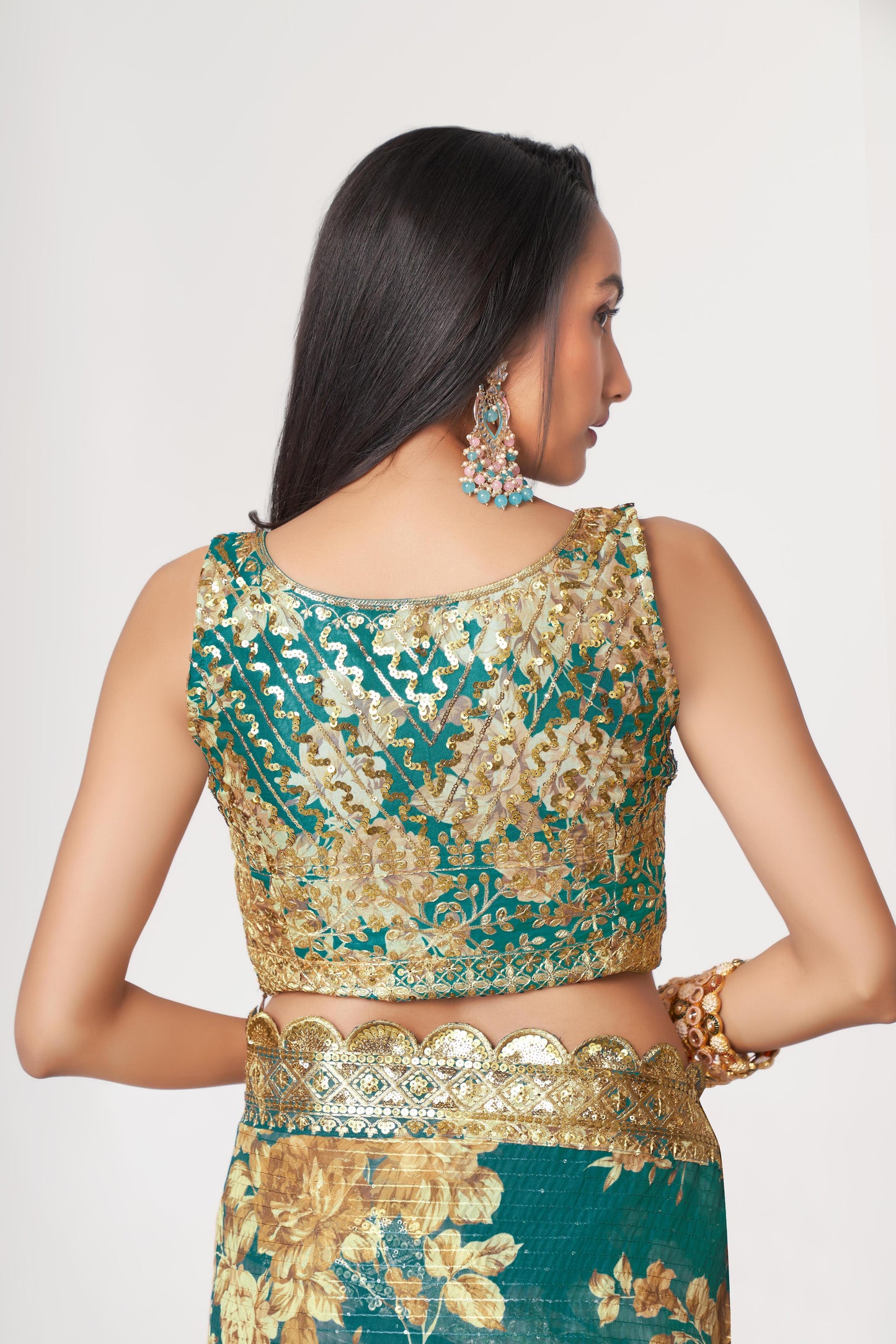 Bewitching Teal Blue Floral Printed Organza Party Wear Saree