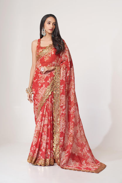 Charming Red Floral Printed Organza Occasion Wear Saree