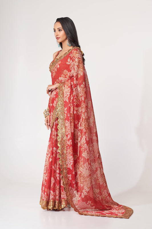 Charming Red Floral Printed Organza Occasion Wear Saree