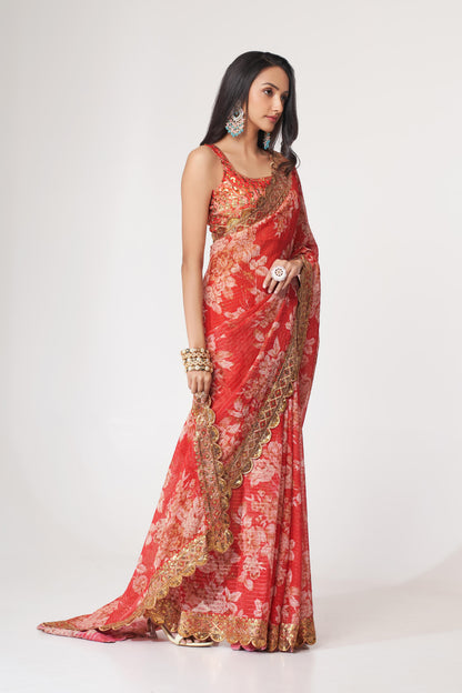 Charming Red Floral Printed Organza Occasion Wear Saree