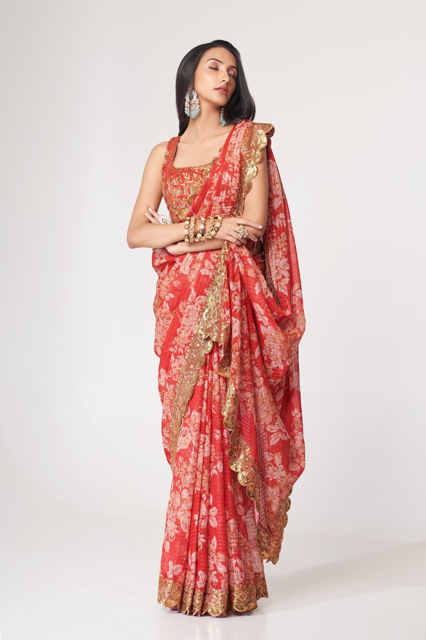 Charming Red Floral Printed Organza Occasion Wear Saree