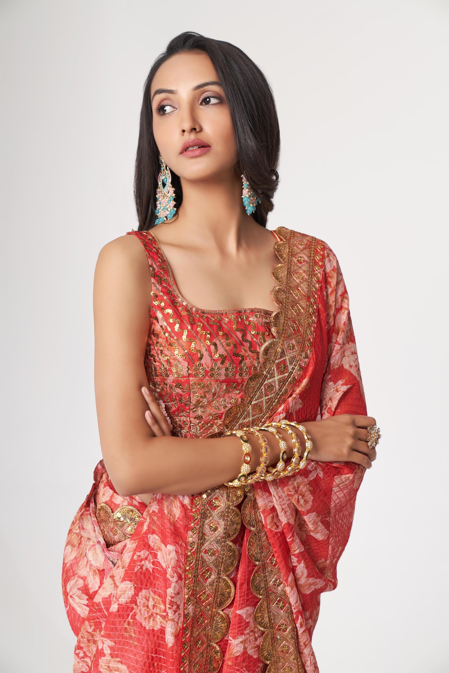 Charming Red Floral Printed Organza Occasion Wear Saree