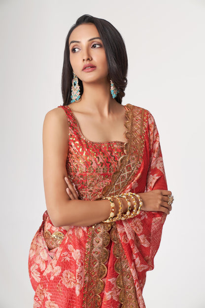 Charming Red Floral Printed Organza Occasion Wear Saree