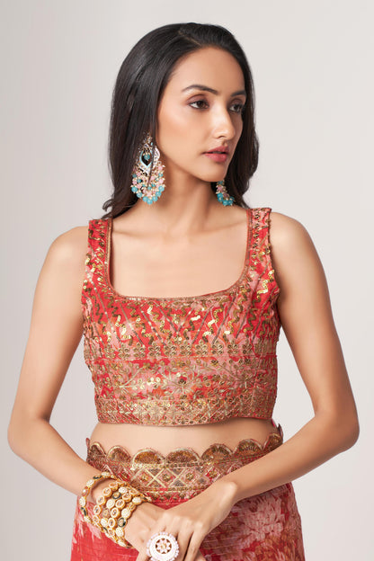 Charming Red Floral Printed Organza Occasion Wear Saree