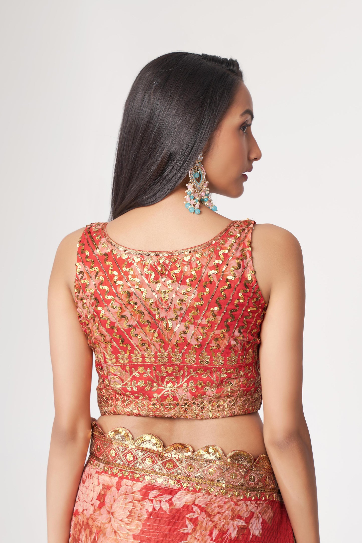 Charming Red Floral Printed Organza Occasion Wear Saree