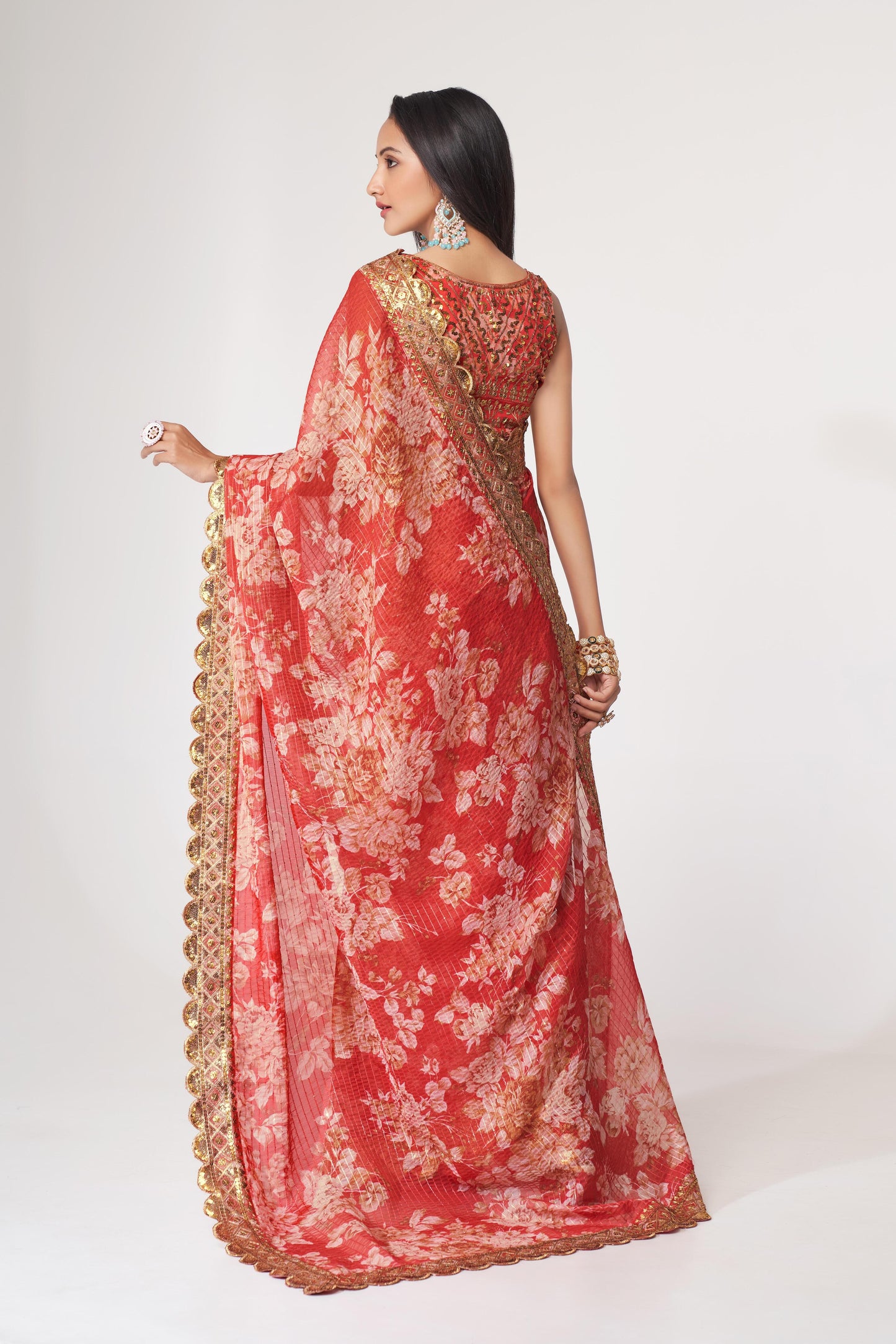 Charming Red Floral Printed Organza Occasion Wear Saree