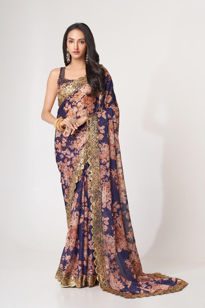 Adorable Purple Floral Printed Organza Ceremony Wear Saree