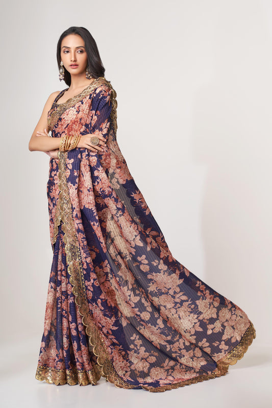 Adorable Purple Floral Printed Organza Ceremony Wear Saree