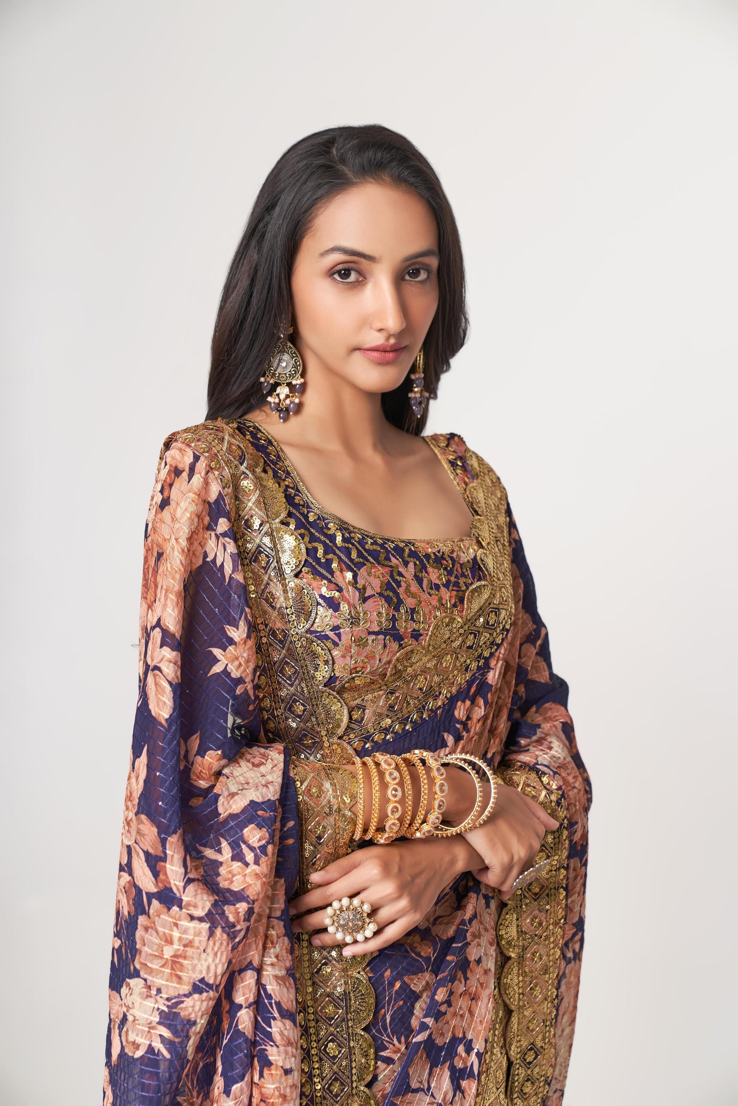 Adorable Purple Floral Printed Organza Ceremony Wear Saree