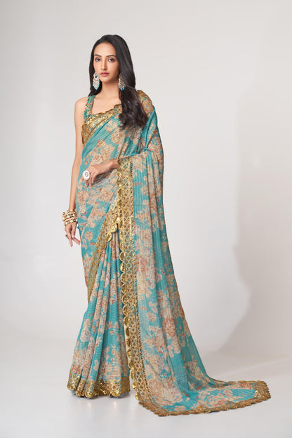 Endearing Sky Blue Floral Printed Organza Carnival Wear Saree