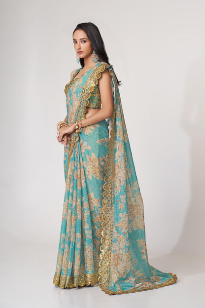Endearing Sky Blue Floral Printed Organza Carnival Wear Saree
