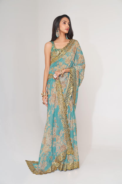 Endearing Sky Blue Floral Printed Organza Carnival Wear Saree