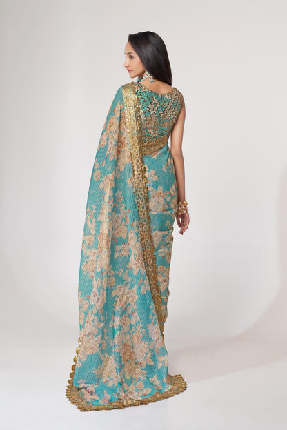 Endearing Sky Blue Floral Printed Organza Carnival Wear Saree