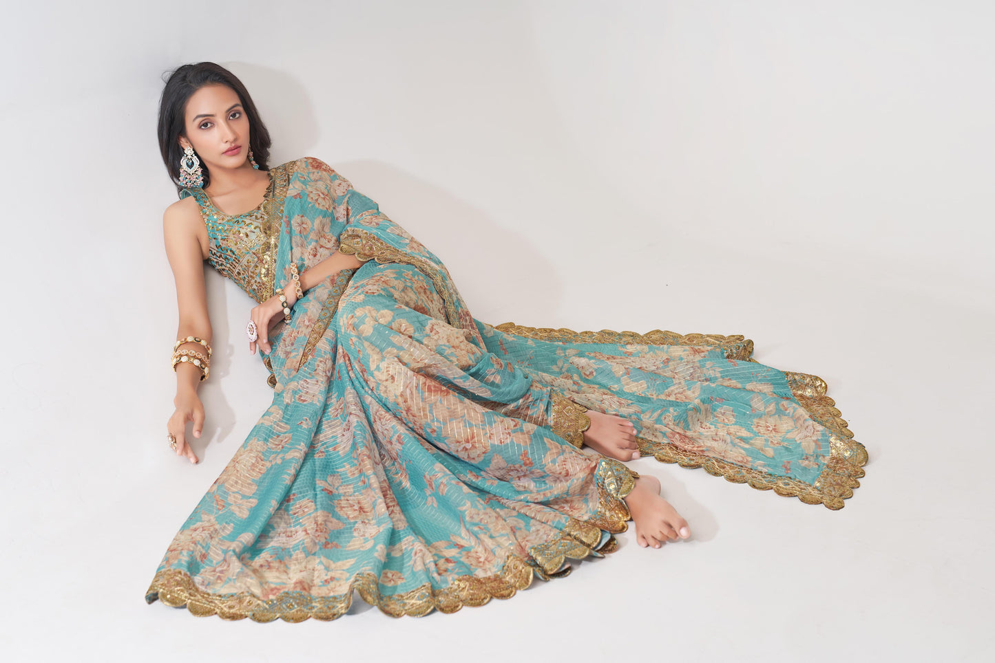 Endearing Sky Blue Floral Printed Organza Carnival Wear Saree