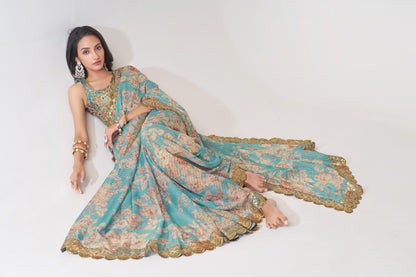 Endearing Sky Blue Floral Printed Organza Carnival Wear Saree