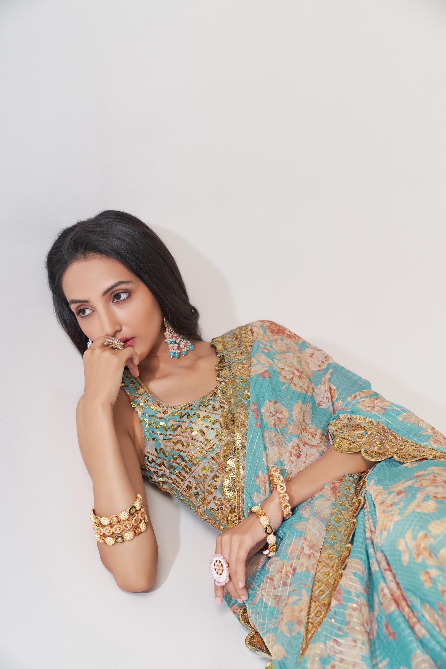Endearing Sky Blue Floral Printed Organza Carnival Wear Saree