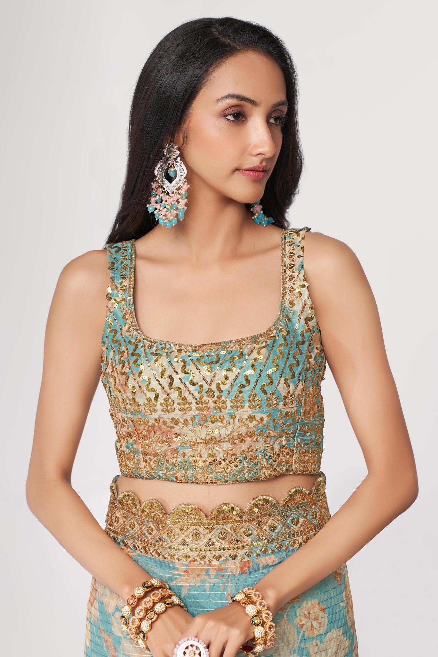 Endearing Sky Blue Floral Printed Organza Carnival Wear Saree