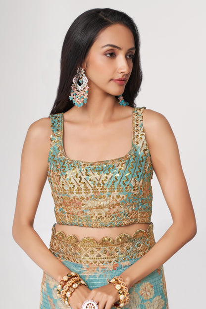 Endearing Sky Blue Floral Printed Organza Carnival Wear Saree