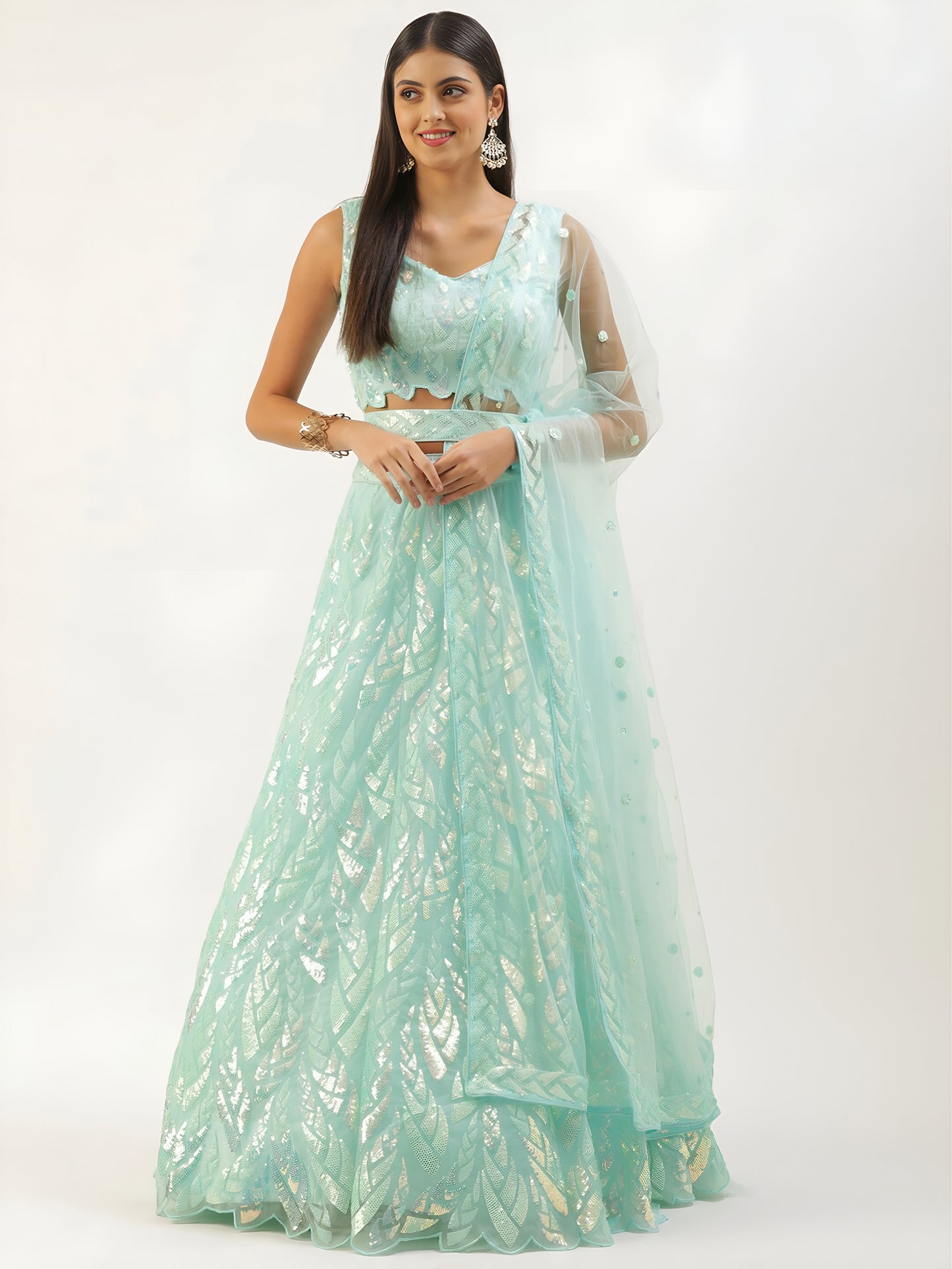 White Sequin Embroidered Lehenga Choli Set | Soft Net Wedding Outfit