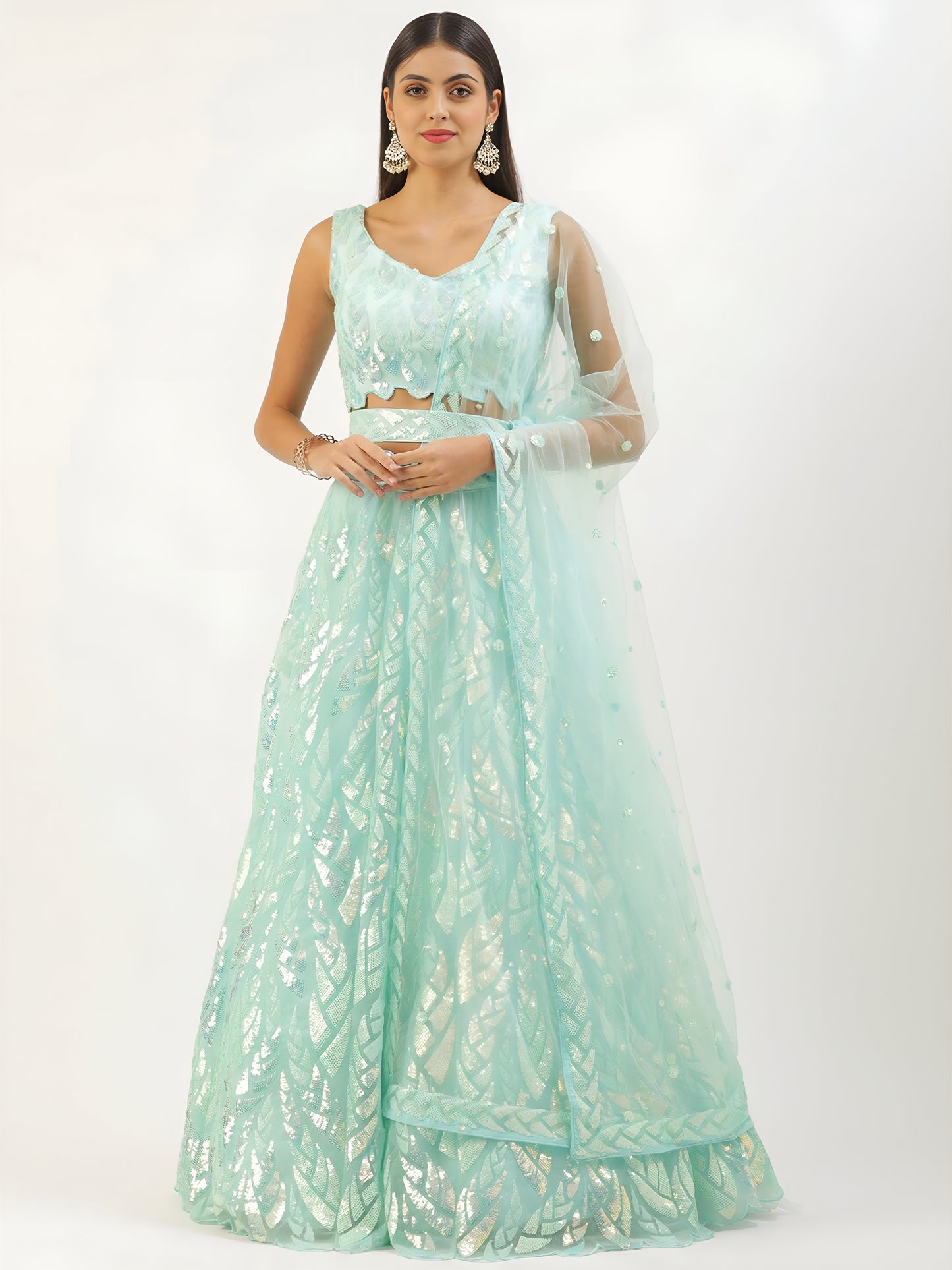 White Sequin Embroidered Lehenga Choli Set | Soft Net Wedding Outfit