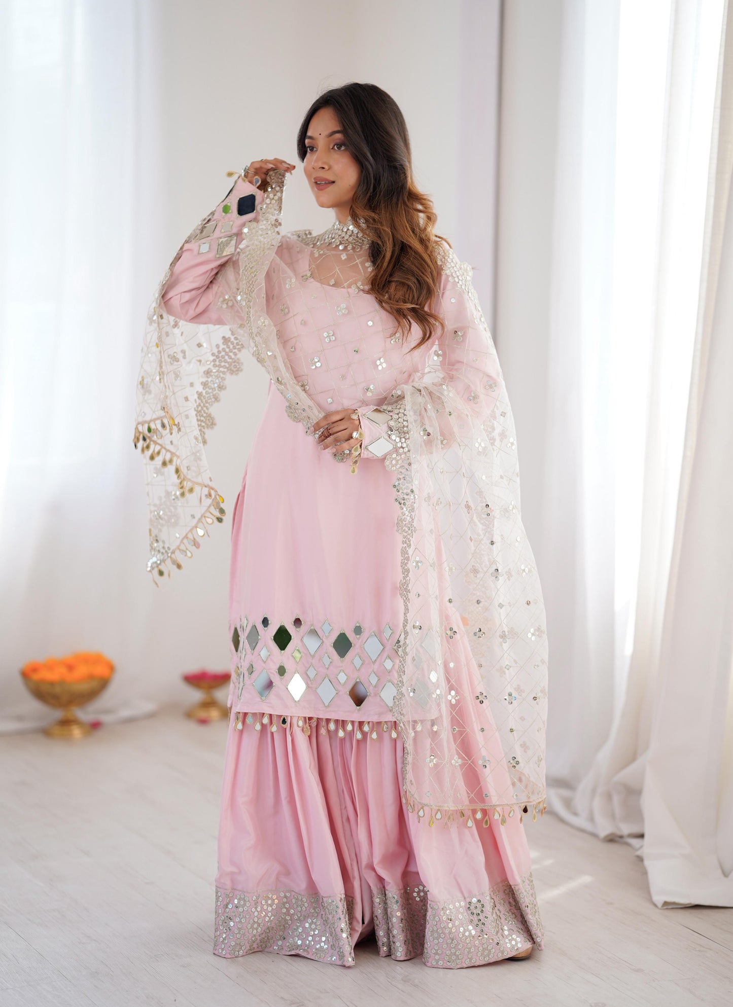 Premium French crep Embroidery Thread Detailing With Real Mirror top & palzzo set