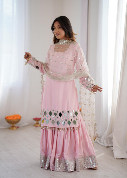 Premium French crep Embroidery Thread Detailing With Real Mirror top & palzzo set