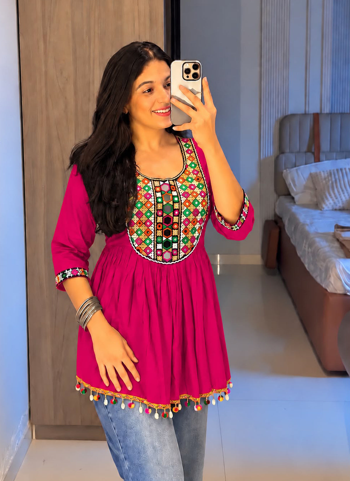 Festive Ethnic Short Top with Gamthi Lace, Kodi Lace & Mirror Work