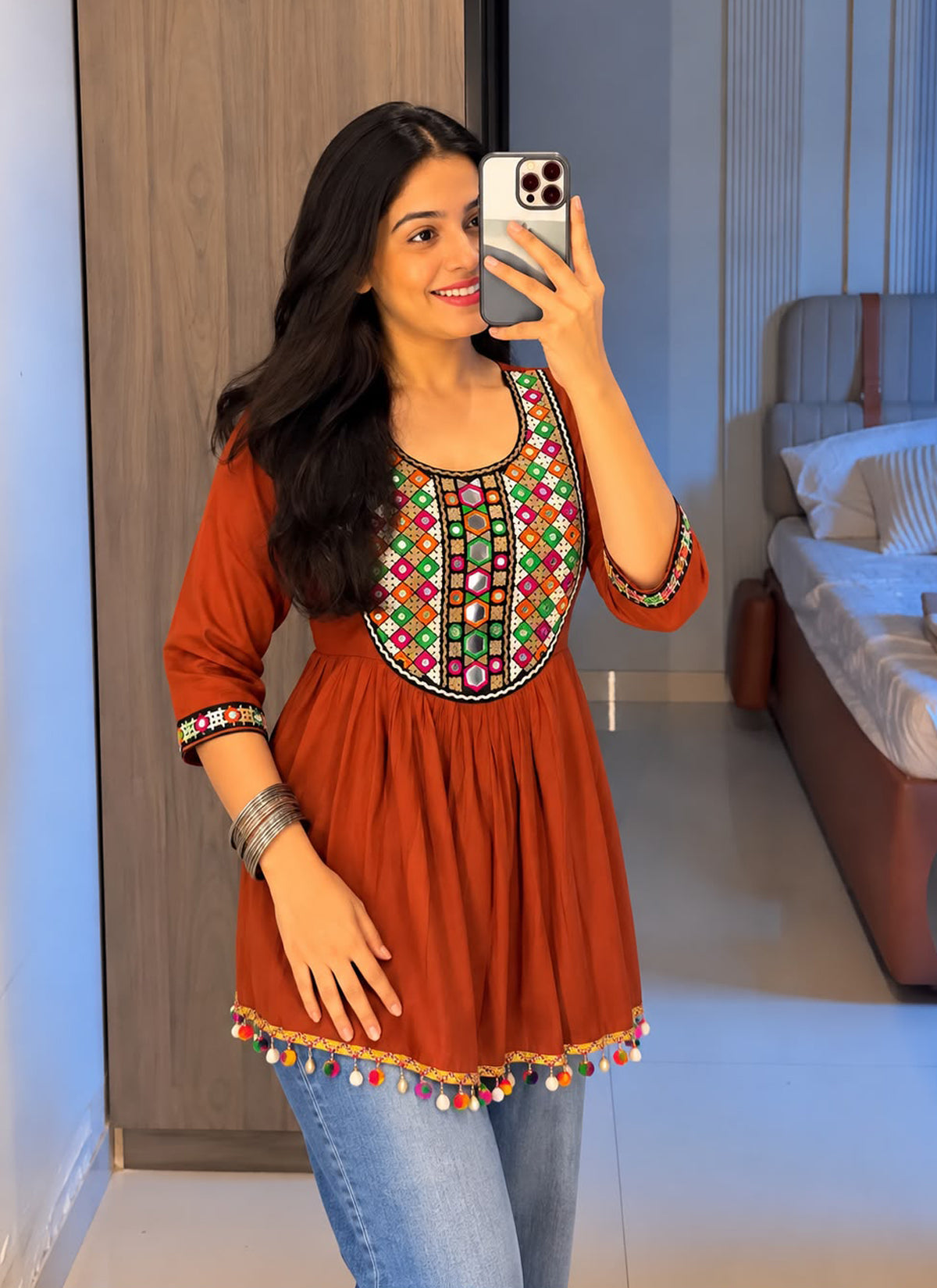 Festive Ethnic Short Top with Gamthi Lace, Kodi Lace & Mirror Work