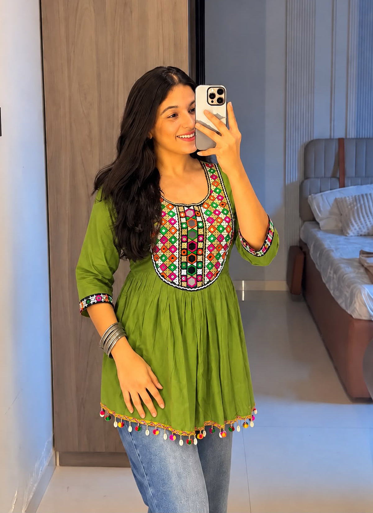 Festive Ethnic Short Top with Gamthi Lace, Kodi Lace & Mirror Work