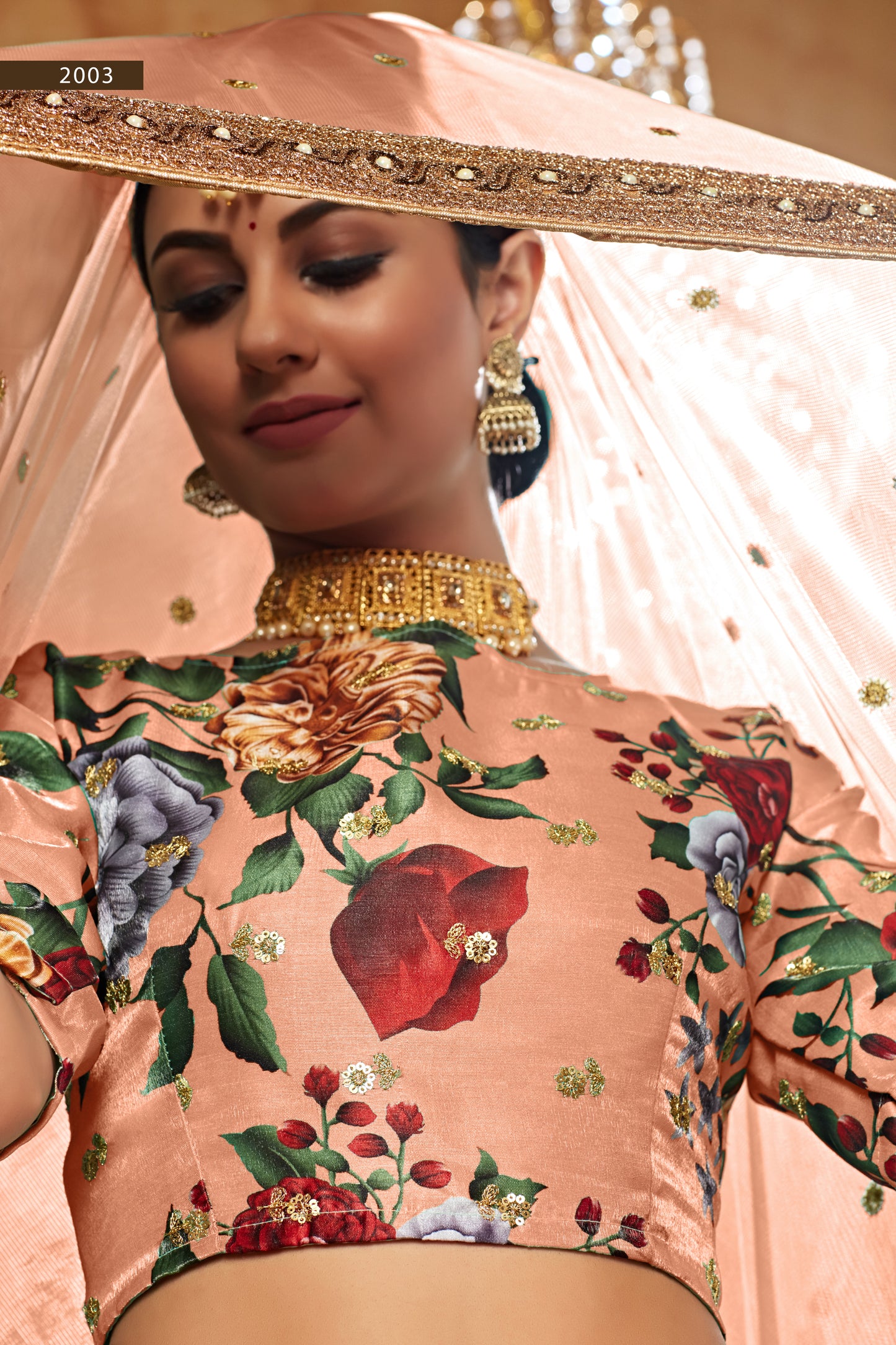 Peach Floral Print Lehenga with Embellished Dupatta