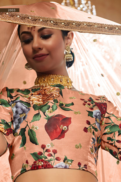 Peach Floral Print Lehenga with Embellished Dupatta