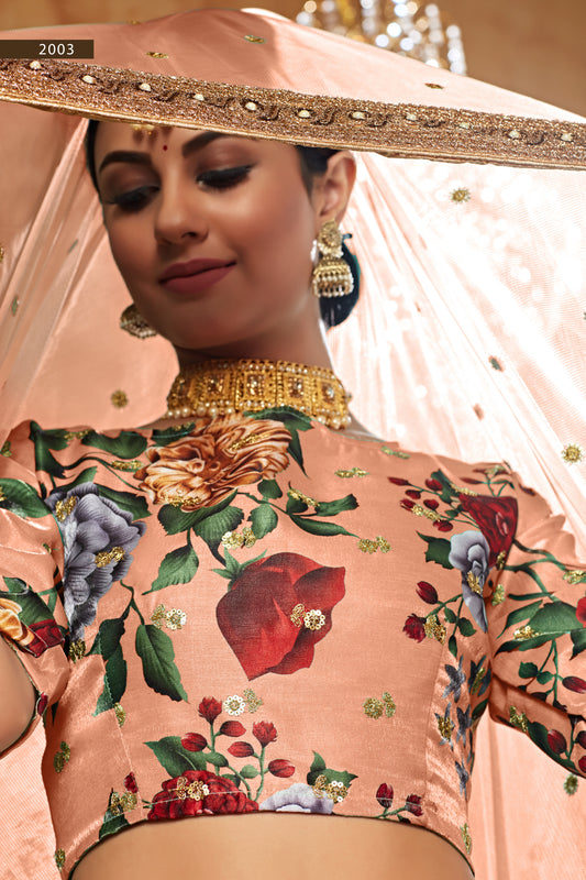 Peach Floral Print Lehenga with Embellished Dupatta