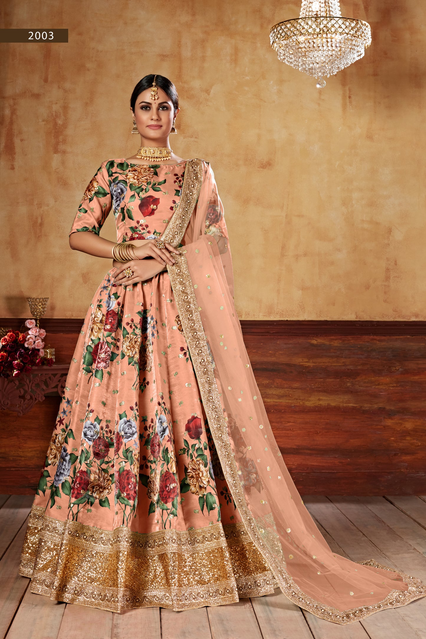Peach Floral Print Lehenga with Embellished Dupatta