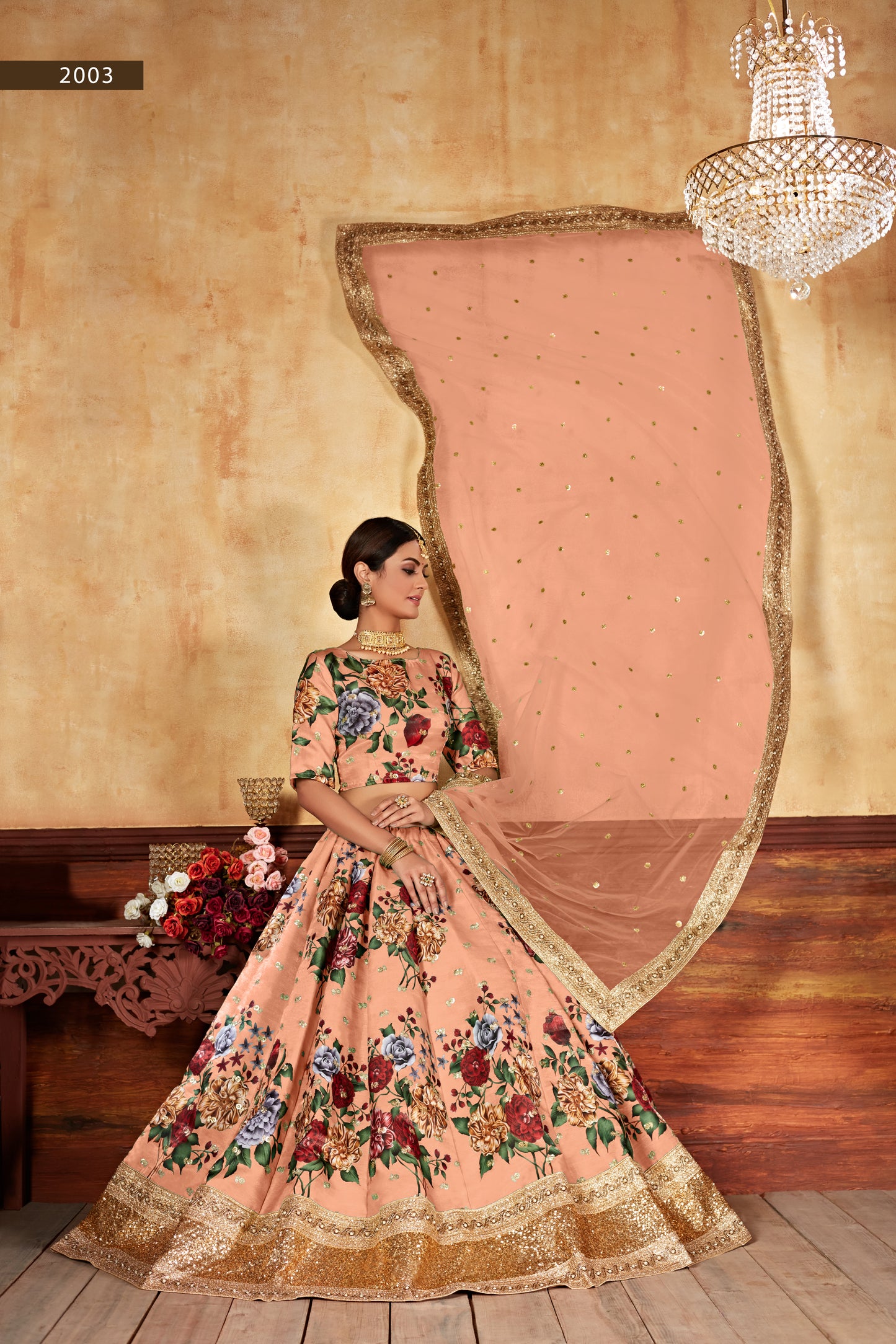 Peach Floral Print Lehenga with Embellished Dupatta
