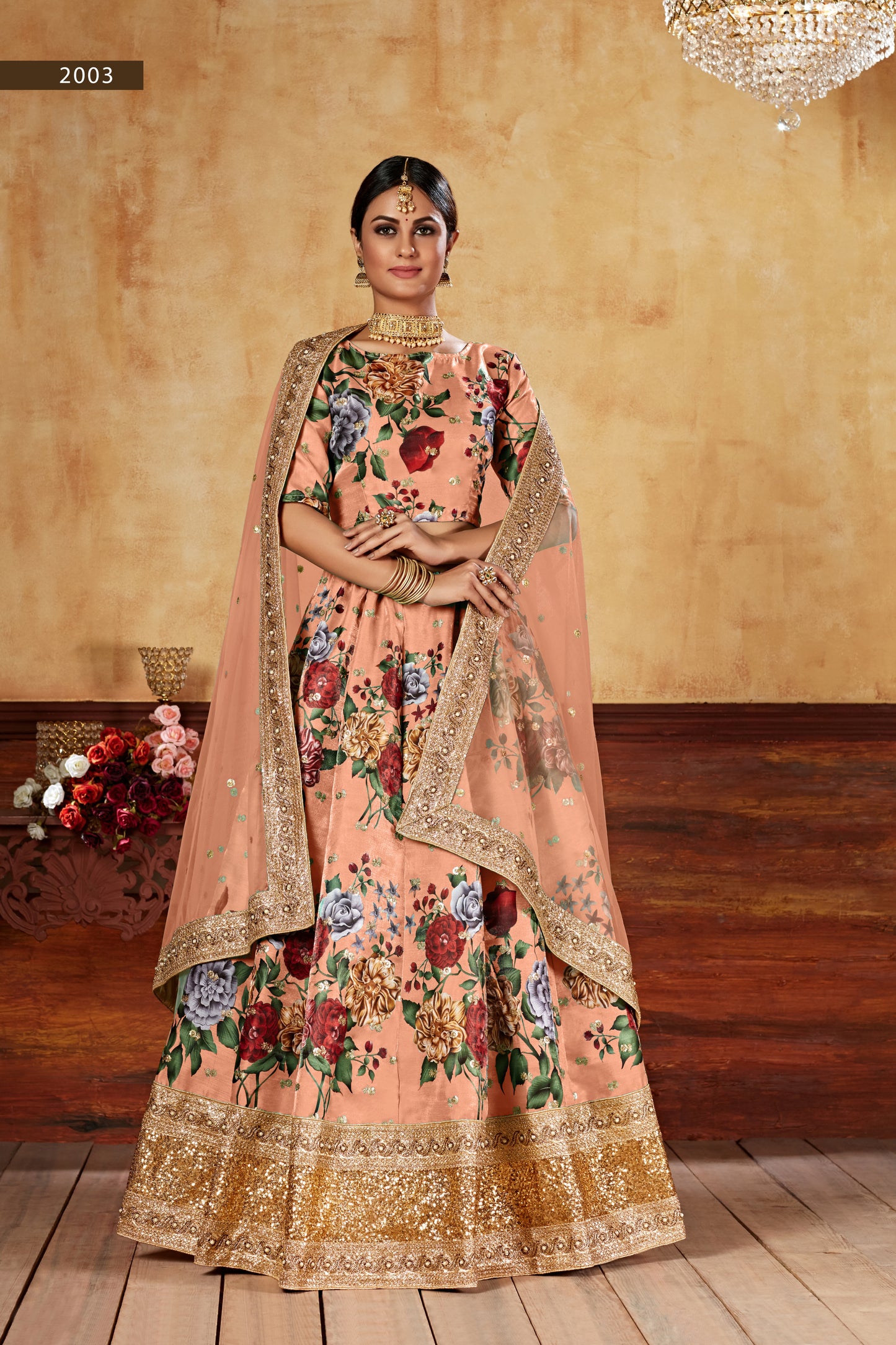 Peach Floral Print Lehenga with Embellished Dupatta