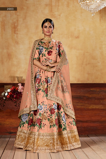 Peach Floral Print Lehenga with Embellished Dupatta