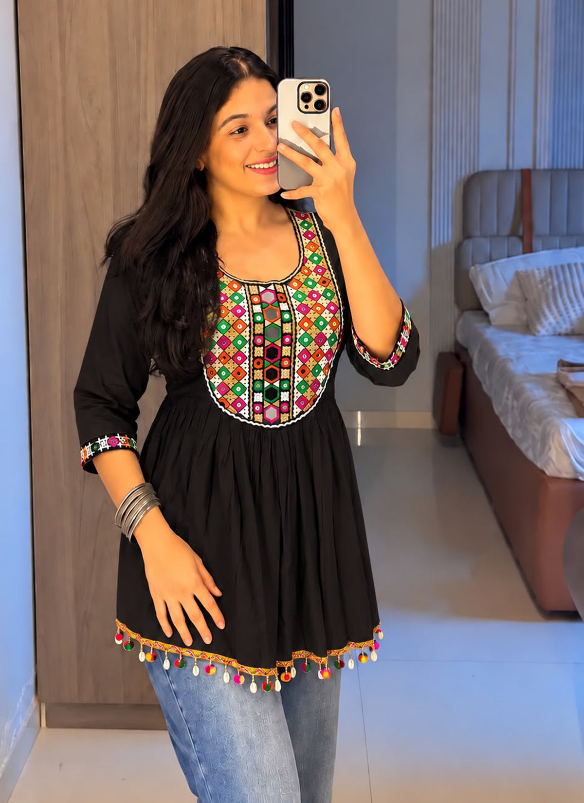 Festive Ethnic Short Top with Gamthi Lace, Kodi Lace & Mirror Work