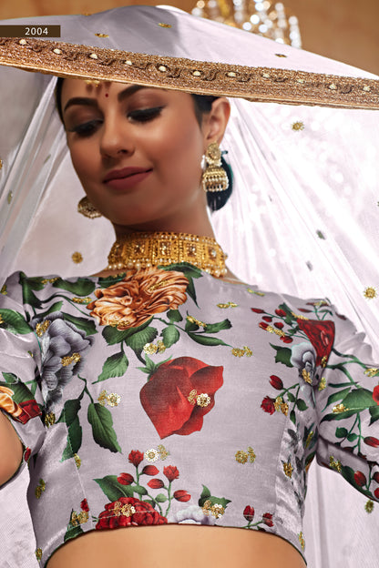 Silver Grey Rose Print Lehenga Chol