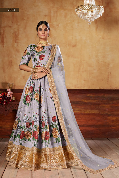 Silver Grey Rose Print Lehenga Chol