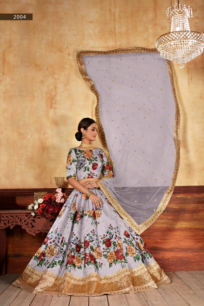 Silver Grey Rose Print Lehenga Chol