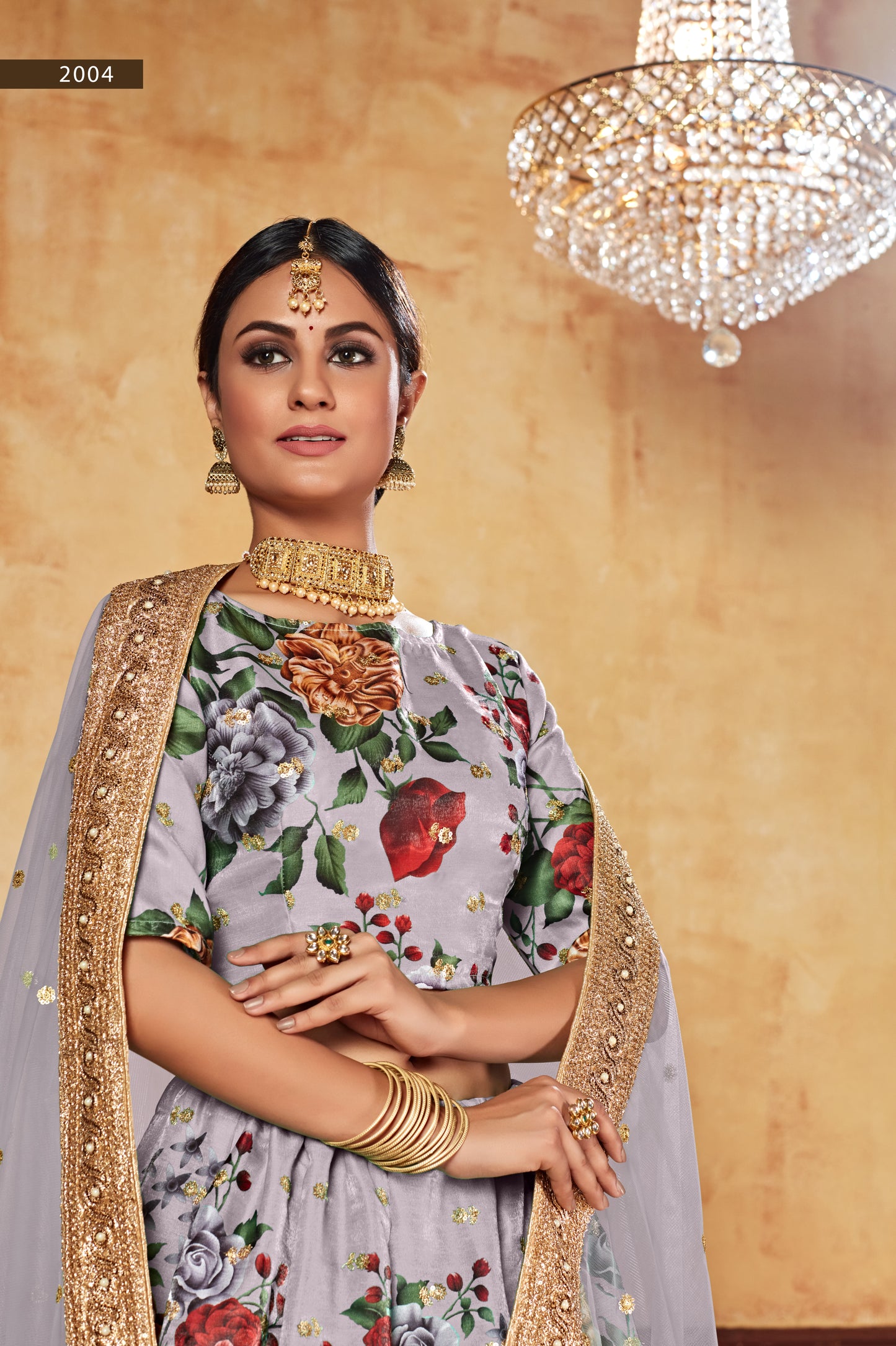 Silver Grey Rose Print Lehenga Chol