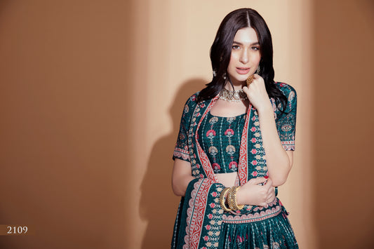 Emerald Green Printed Festive Lehenga Choli