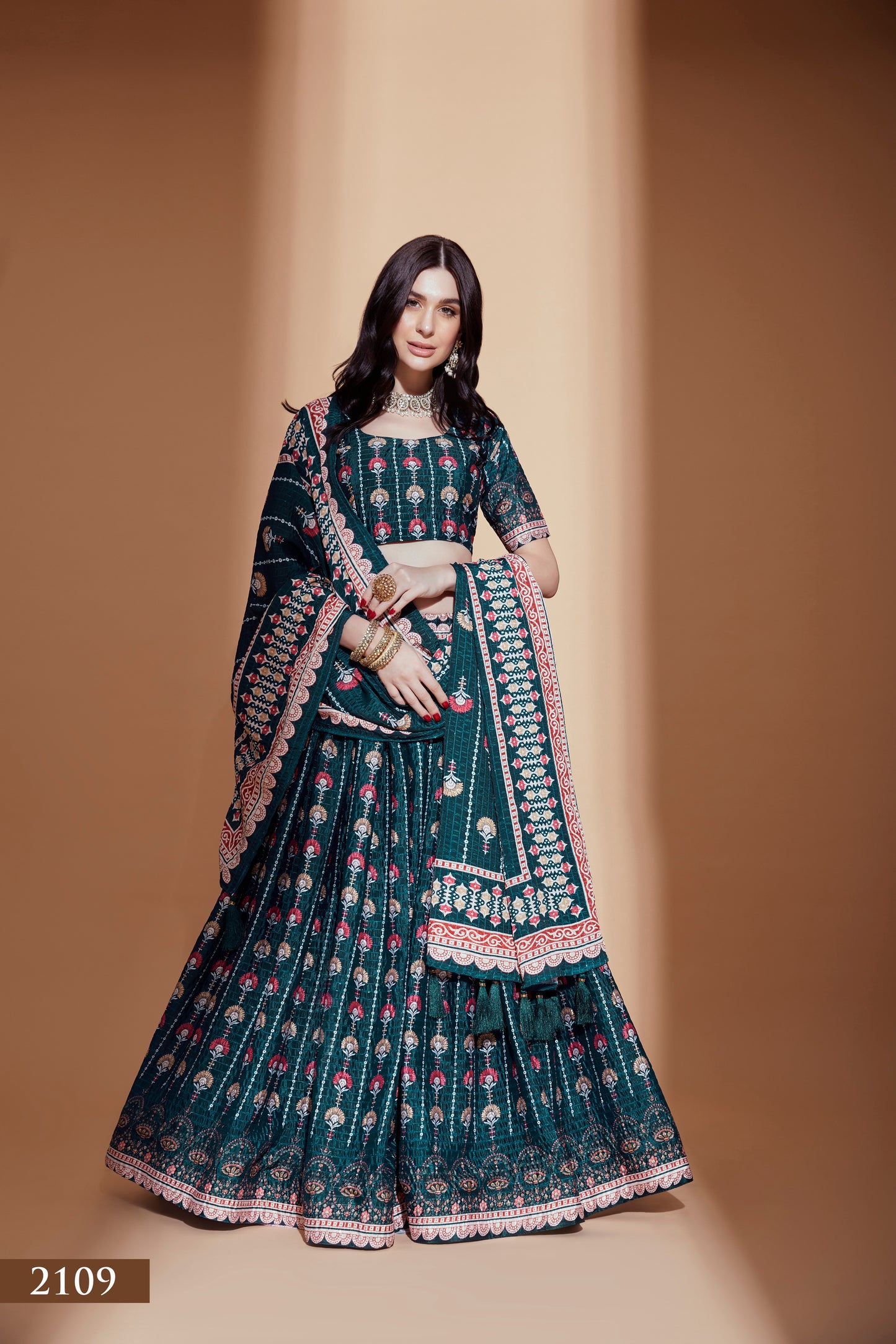Emerald Green Printed Festive Lehenga Choli