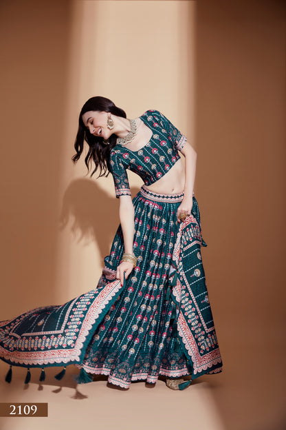 Emerald Green Printed Festive Lehenga Choli